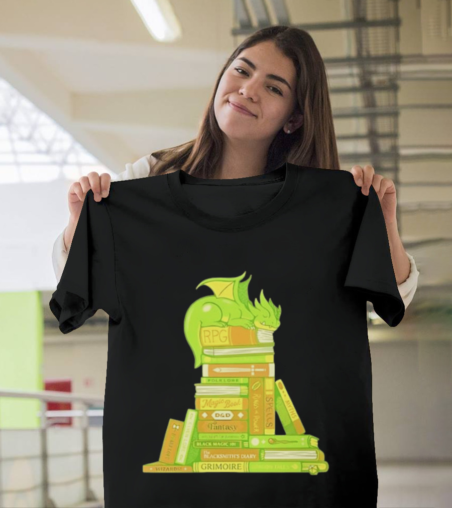 Sleeping Dragon On RPG Fantasy Magic Book Stack Grimoire Wizardry Tales T-Shirt
