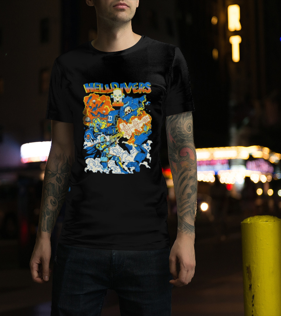 Helldivers Super Earth Soldier Combat Action Explosive Battle Scene T-Shirt