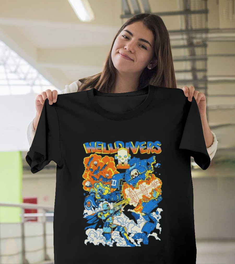 Helldivers Super Earth Soldier Combat Action Explosive Battle Scene T-Shirt