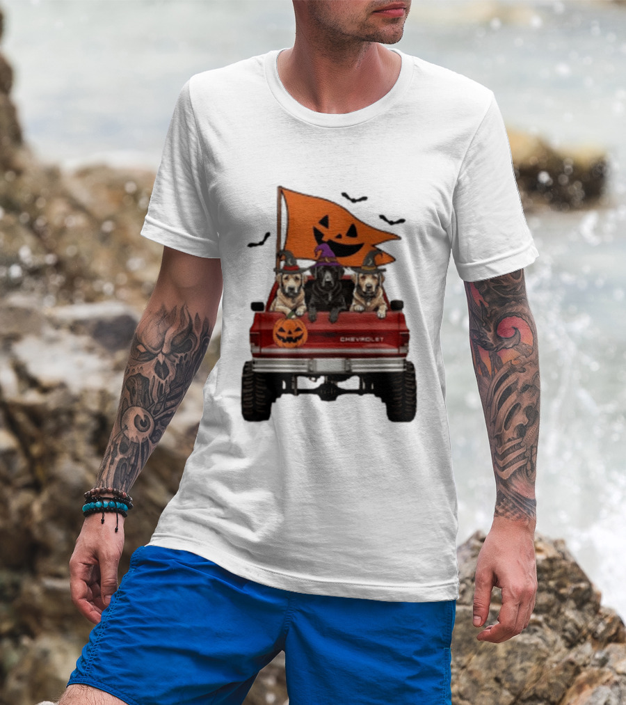 Chevrolet Halloween Dogs In Truck With Pumpkin And Bats T-Shirt