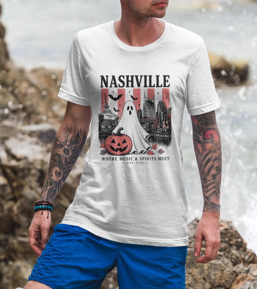 Nashville Halloween Ghost Music Spirits Skyline Pumpkin Bats T-Shirt