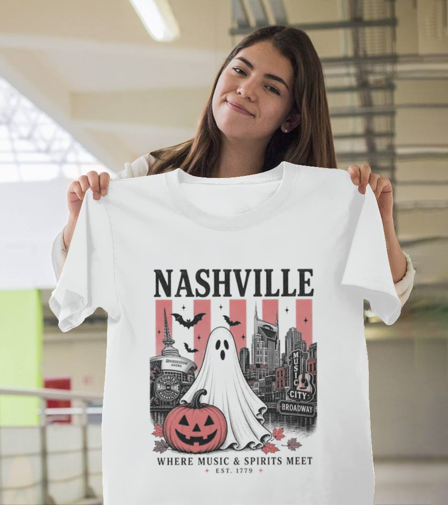 Nashville Halloween Ghost Music Spirits Skyline Pumpkin Bats T-Shirt