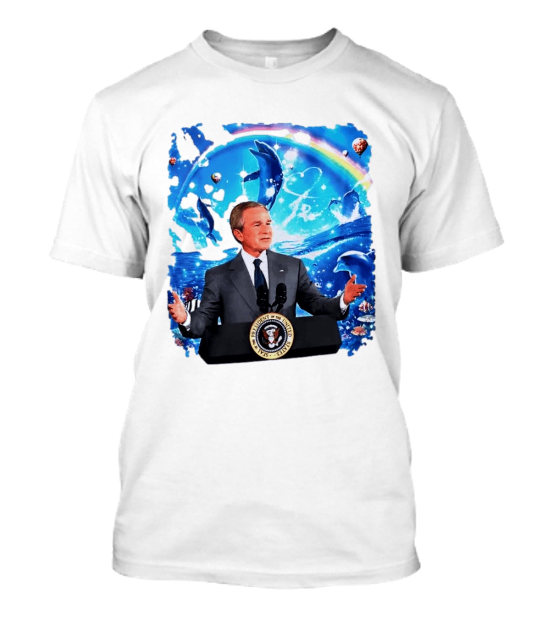 George W Bush Dolphins Coexist Peacefully With Rainbow And Ocean Scene T-Shirt