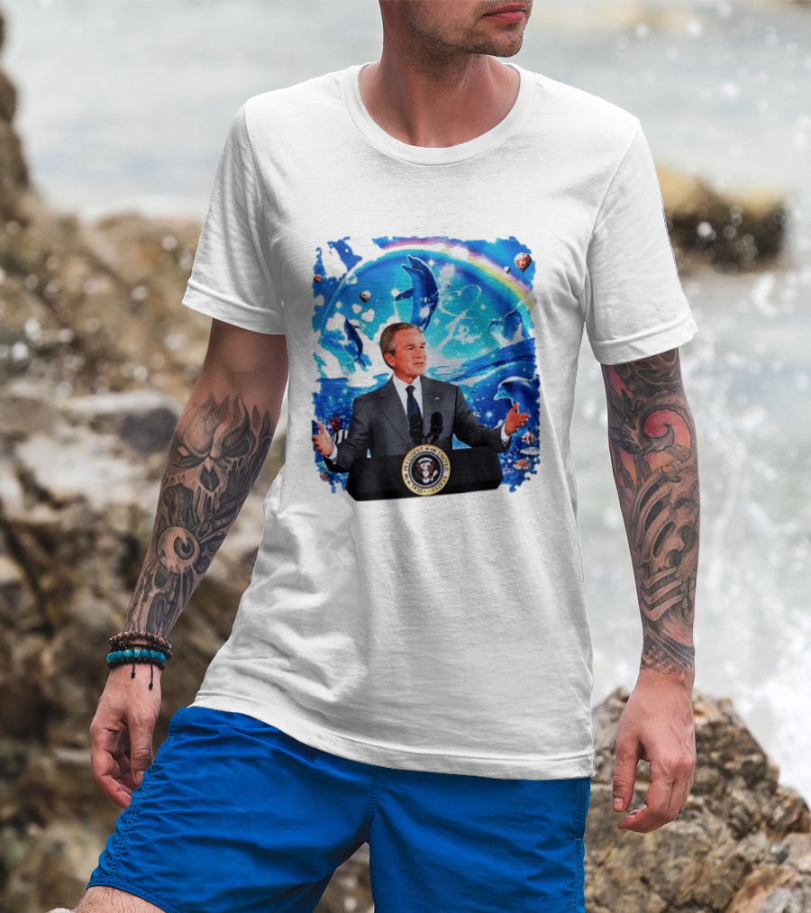 George W Bush Dolphins Coexist Peacefully With Rainbow And Ocean Scene T-Shirt