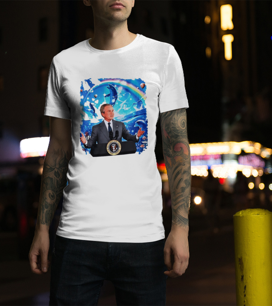 George W Bush Dolphins Coexist Peacefully With Rainbow And Ocean Scene T-Shirt