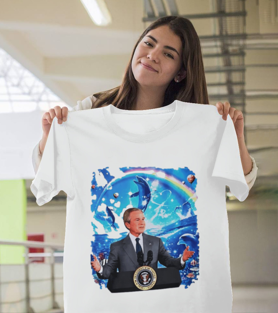 George W Bush Dolphins Coexist Peacefully With Rainbow And Ocean Scene T-Shirt