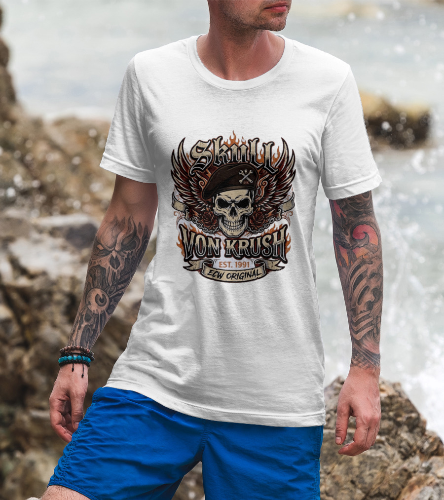 Skull Von Krush SVK Est 1991 ECW Original Flame Wings Roses T-Shirt