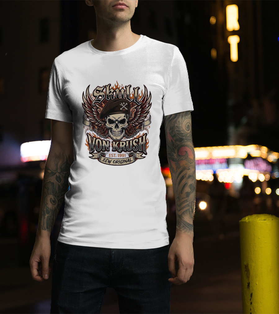 Skull Von Krush SVK Est 1991 ECW Original Flame Wings Roses T-Shirt