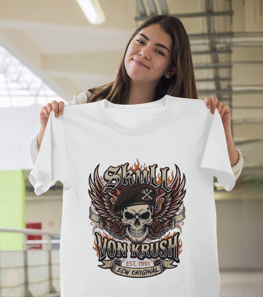 Skull Von Krush SVK Est 1991 ECW Original Flame Wings Roses T-Shirt