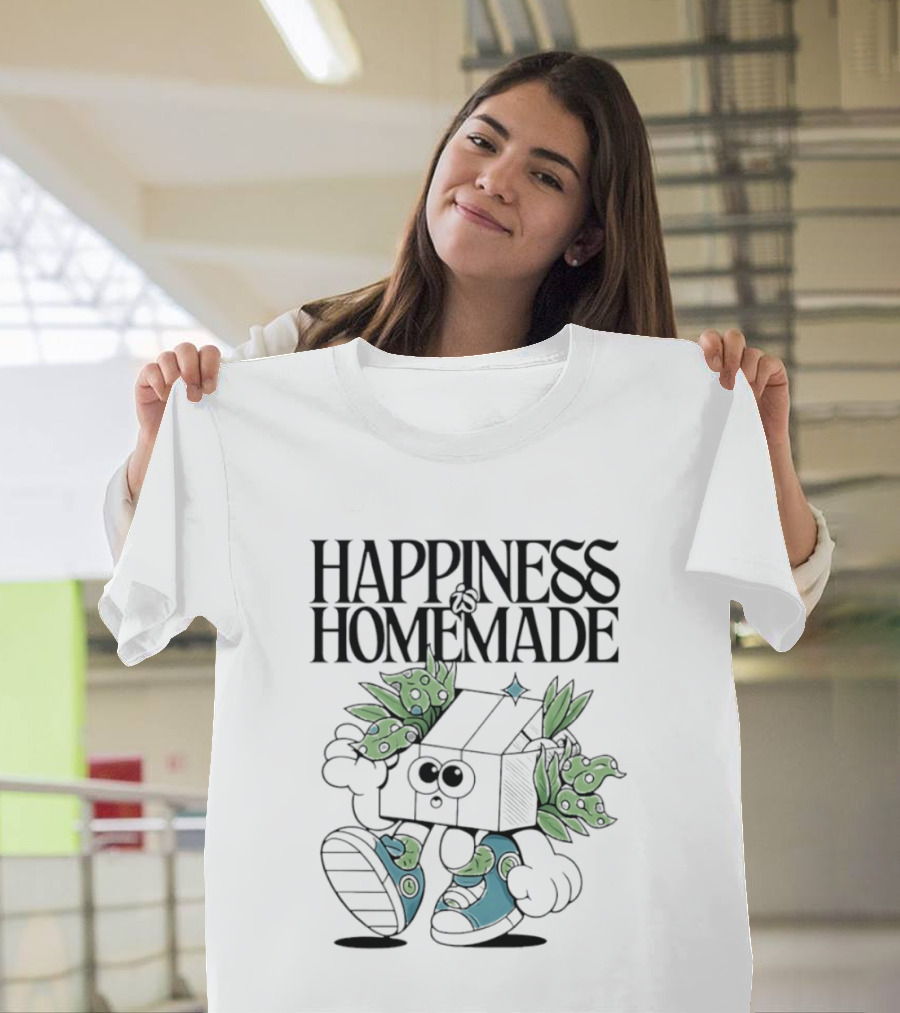 Happiness Is Homemade Cute Cartoon Box Character With Flowers T-Shirt