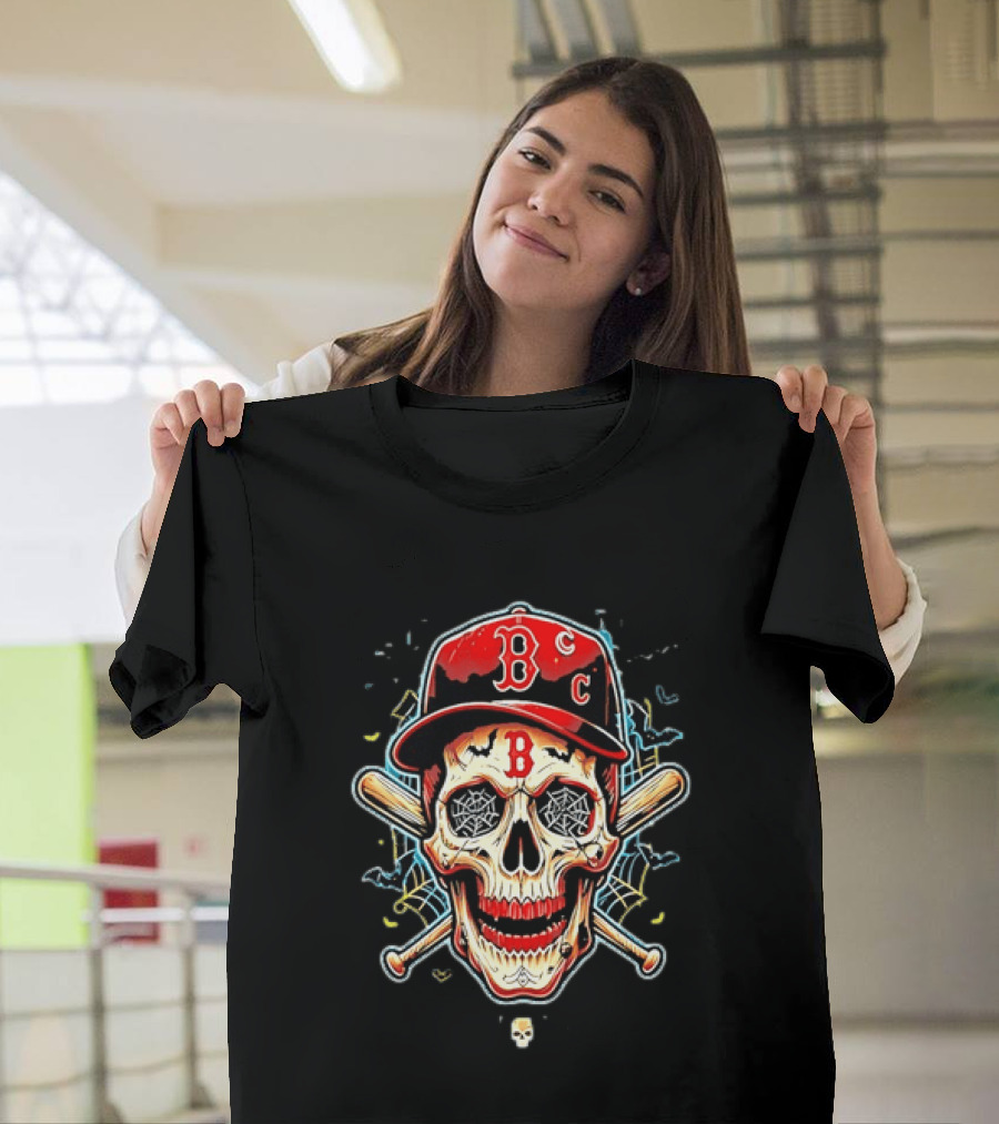 Boston Red Sox Skull Baseball Crossed Bats Red Cap T-Shirt