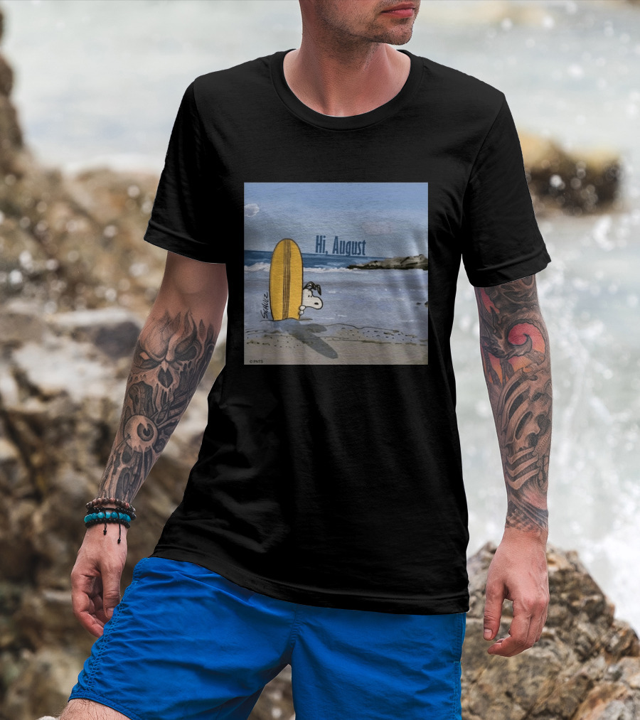 Snoopy Hi August Surfboard Beach Scene By Schulz T-Shirt
