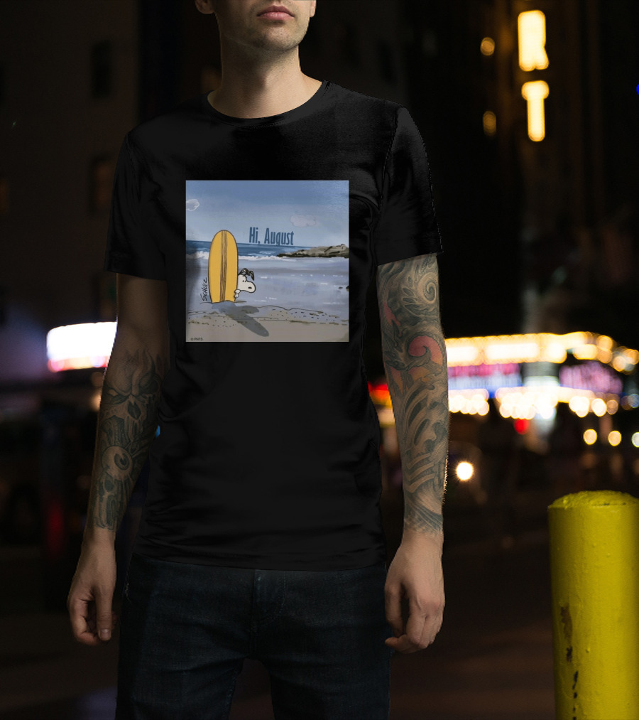 Snoopy Hi August Surfboard Beach Scene By Schulz T-Shirt