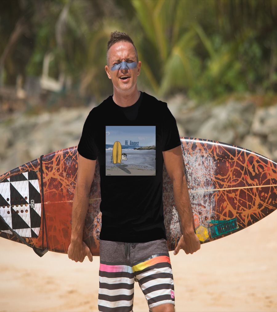 Snoopy Hi August Surfboard Beach Scene By Schulz T-Shirt