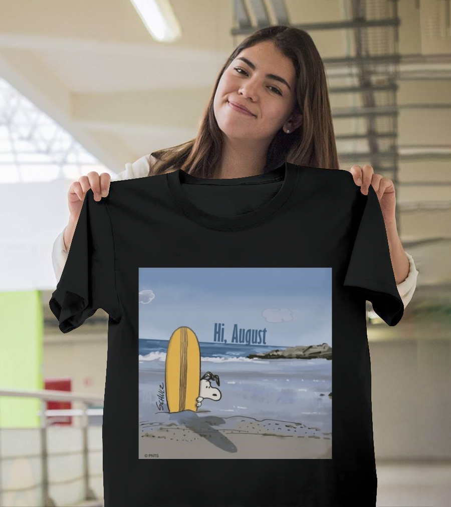 Snoopy Hi August Surfboard Beach Scene By Schulz T-Shirt
