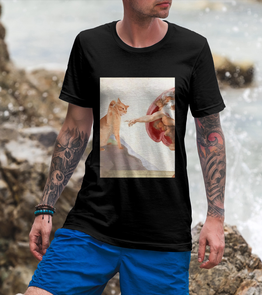 The Creation Of Adam With A Cat By Michelangelo T-Shirt