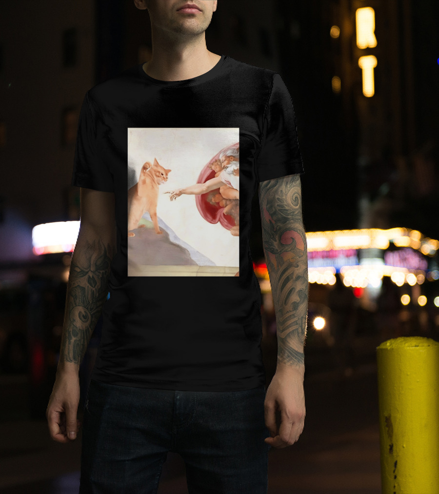 The Creation Of Adam With A Cat By Michelangelo T-Shirt