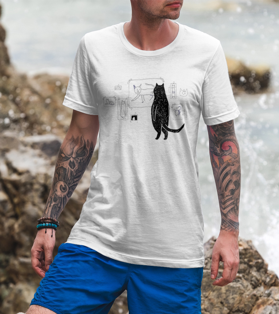 Black Cat Observing Doodle Drawings Of Cats T-Shirt