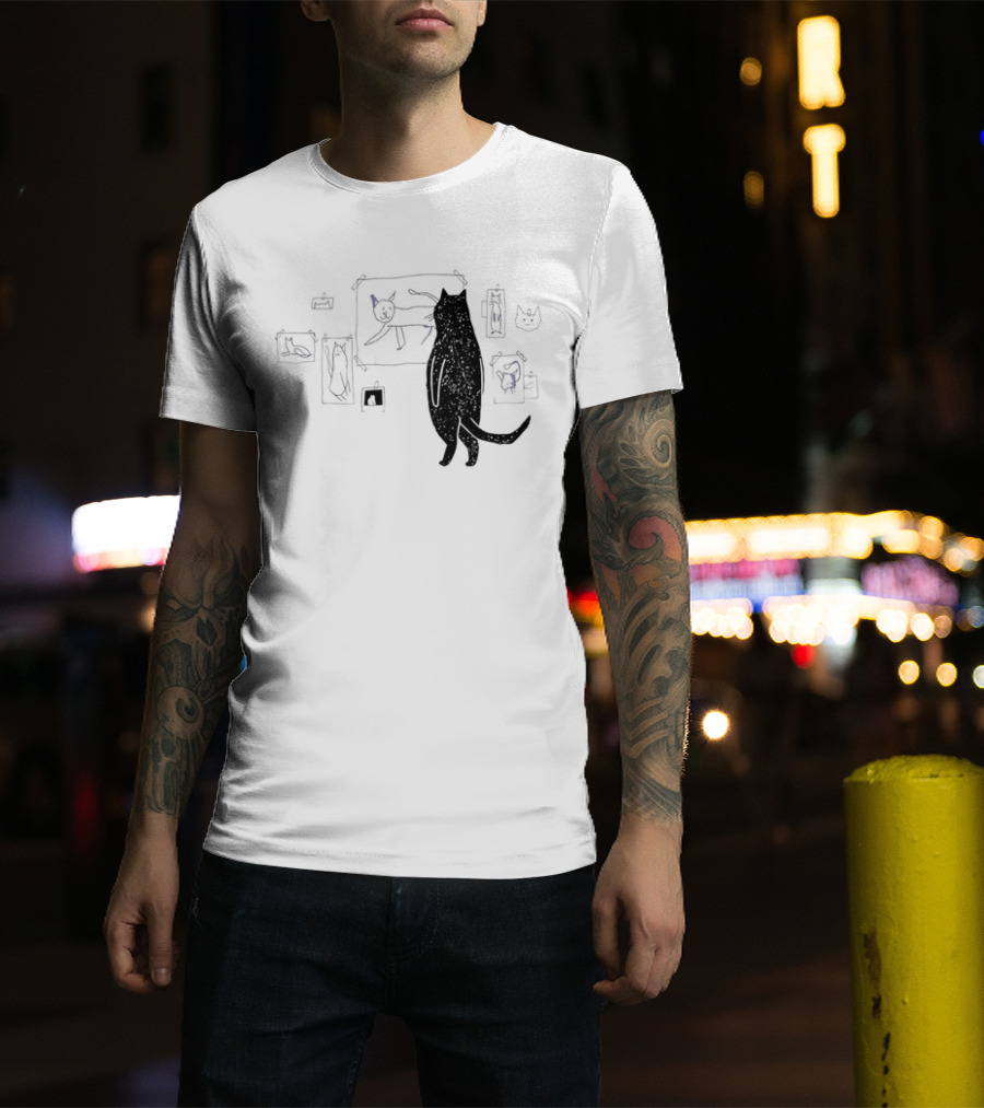 Black Cat Observing Doodle Drawings Of Cats T-Shirt