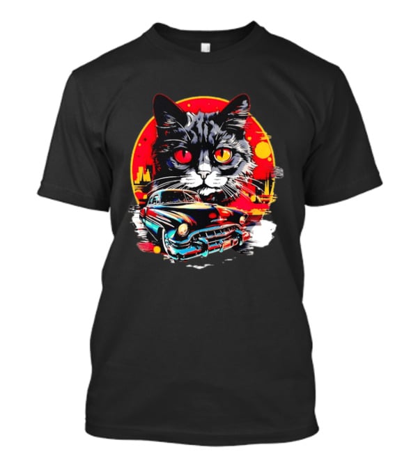 Black Cat With Vintage Classic Car And Retro Sunset T-Shirt