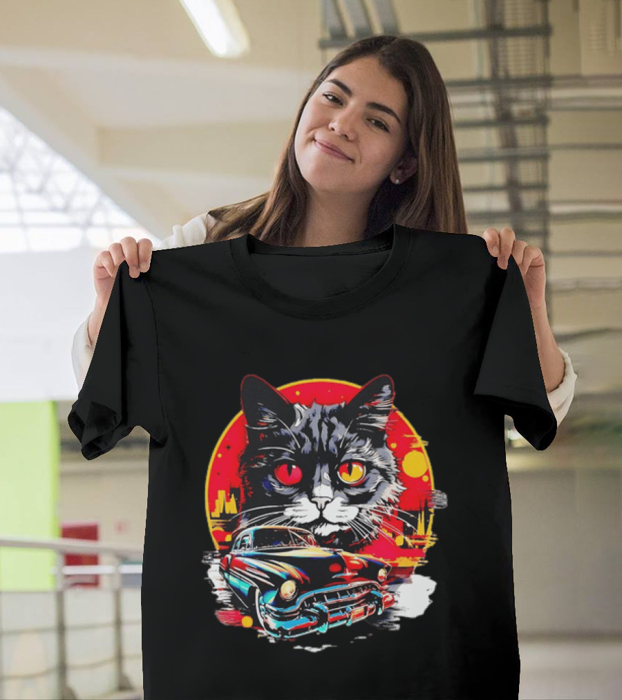 Black Cat With Vintage Classic Car And Retro Sunset T-Shirt