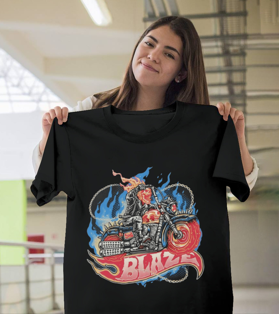 Blaze Flaming Skull Motorcycle Rider Blue Flame T-Shirt