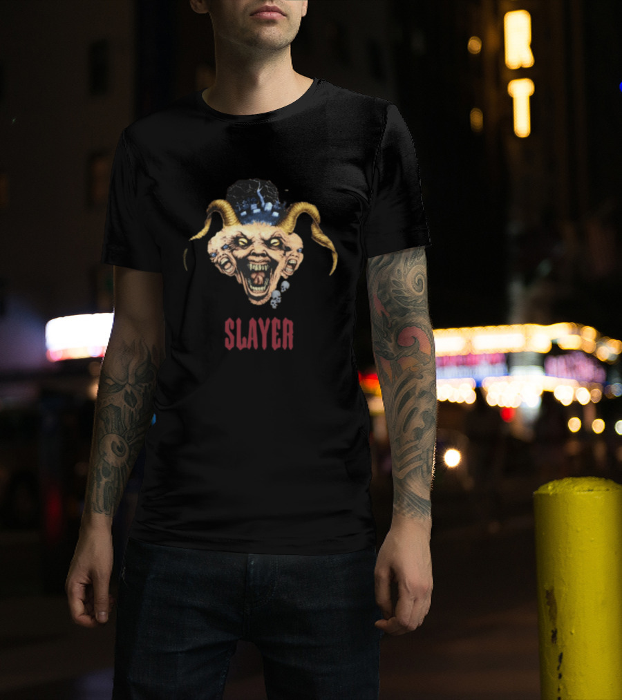 Slayer Triple Demon Head With Horns And Skulls T-Shirt