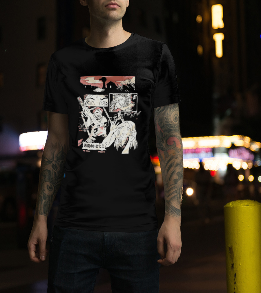 The Texas Chain Saw Massacre Manga Horror Panel With Japanese Text And Chainsaw Action T-Shirt