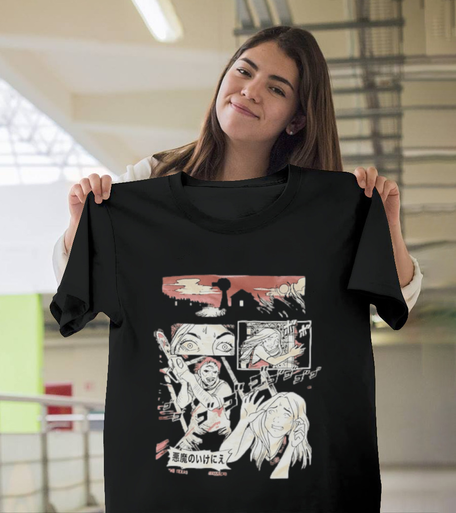 The Texas Chain Saw Massacre Manga Horror Panel With Japanese Text And Chainsaw Action T-Shirt