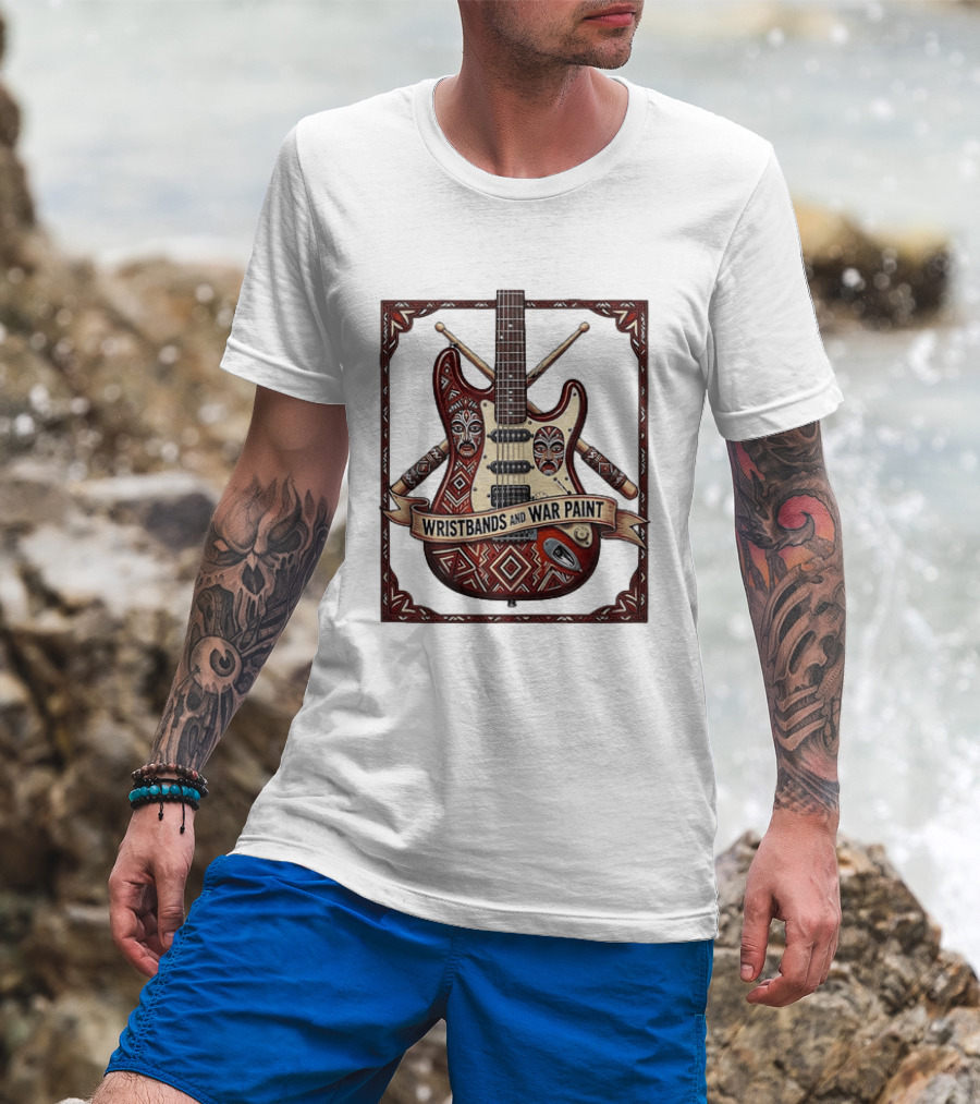 Wristbands And War Paint Electric Guitar Tribal Mask T-Shirt