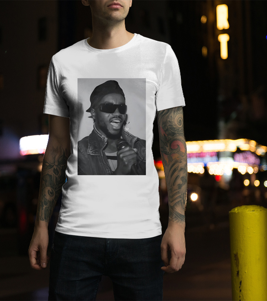Ata Kak Iconic Ghanaian Musician Highlife Style Sunglasses Microphone Denim Jacket T-Shirt