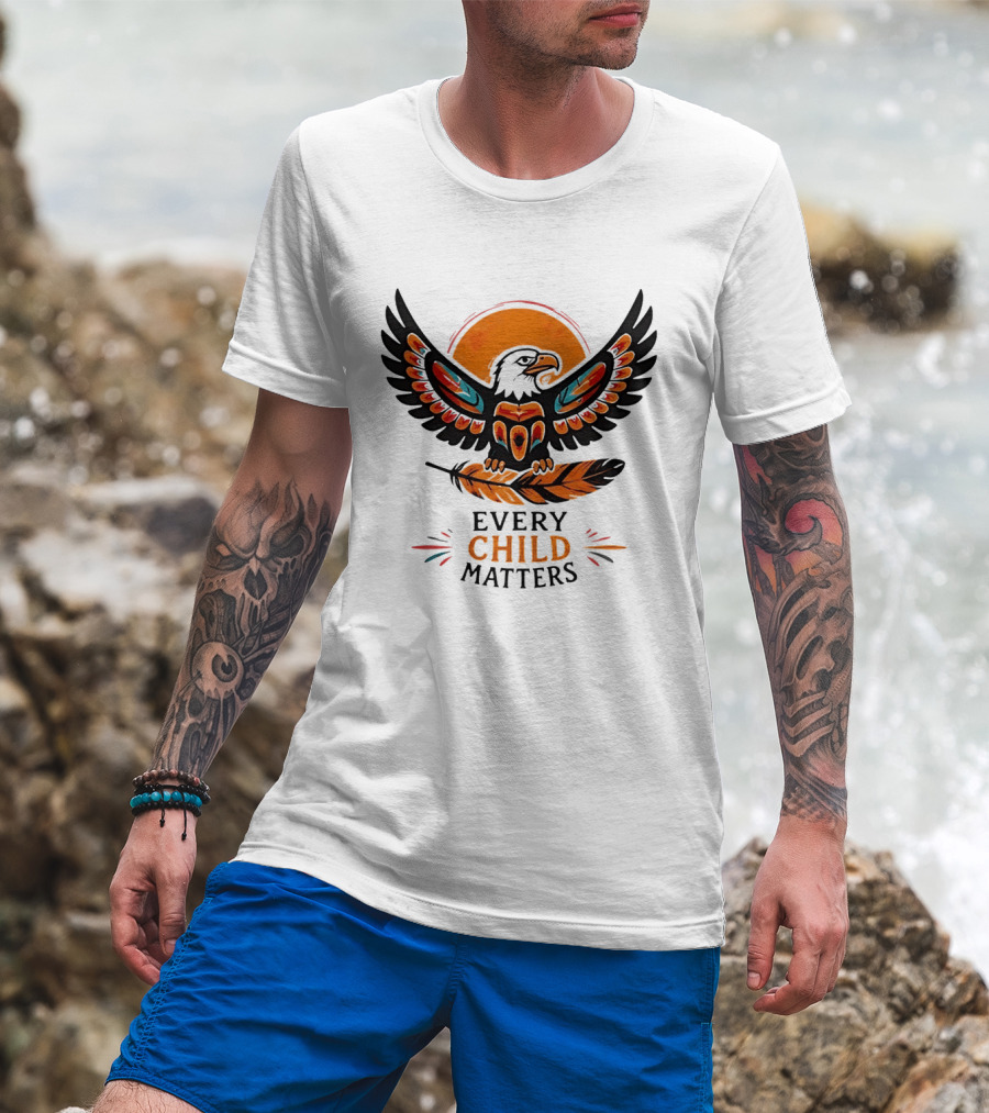 Every Child Matters Indigenous Eagle Feather Orange Sun T-Shirt