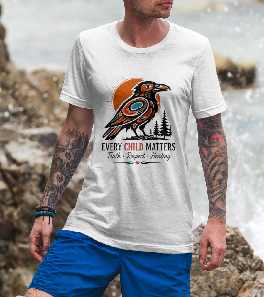Every Child Matters Truth Respect Healing Raven With Sun And Trees T-Shirt