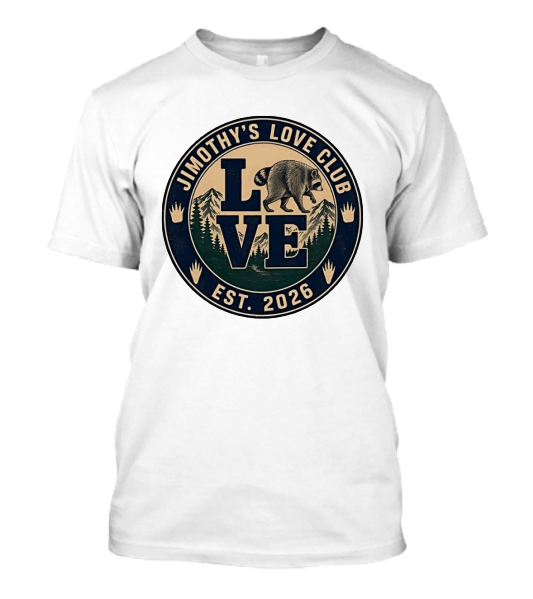 Jimothy's Love Club Raccoon Love Est 2026 Mountain Shield T-Shirt