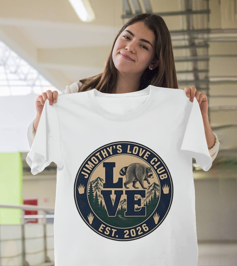 Jimothy's Love Club Raccoon Love Est 2026 Mountain Shield T-Shirt