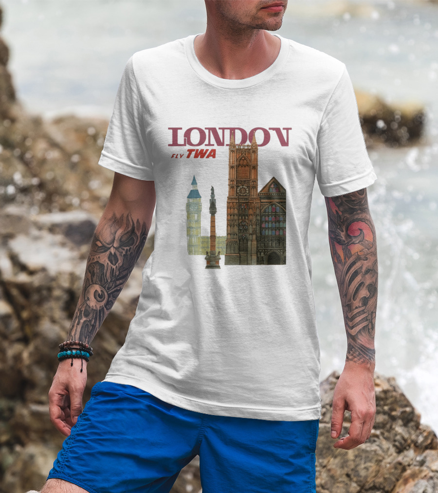 London Fly TWA Travel Big Ben Westminster Abbey Landmark T-Shirt
