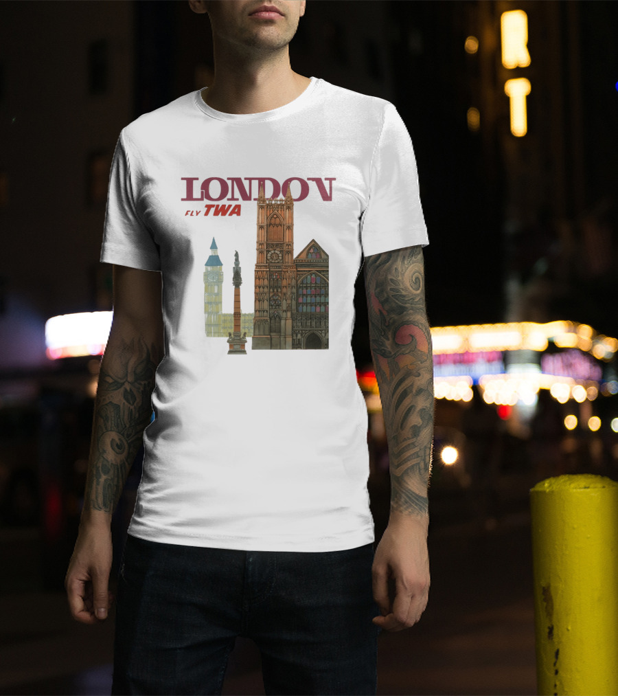 London Fly TWA Travel Big Ben Westminster Abbey Landmark T-Shirt
