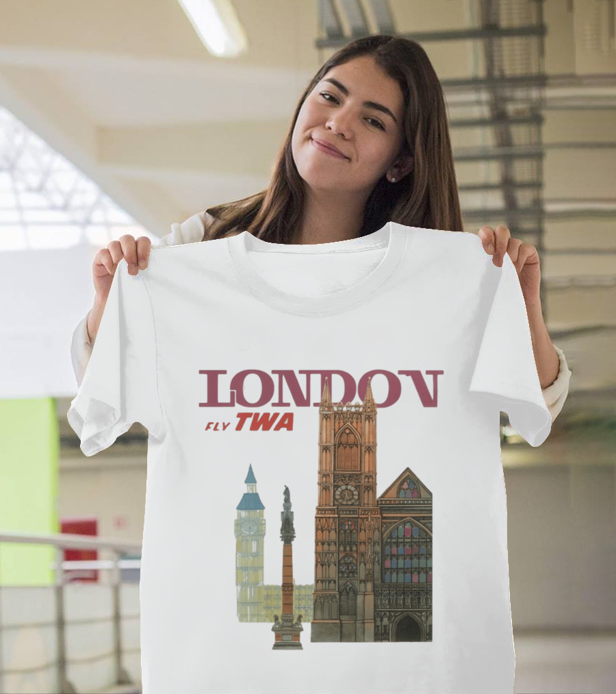 London Fly TWA Travel Big Ben Westminster Abbey Landmark T-Shirt