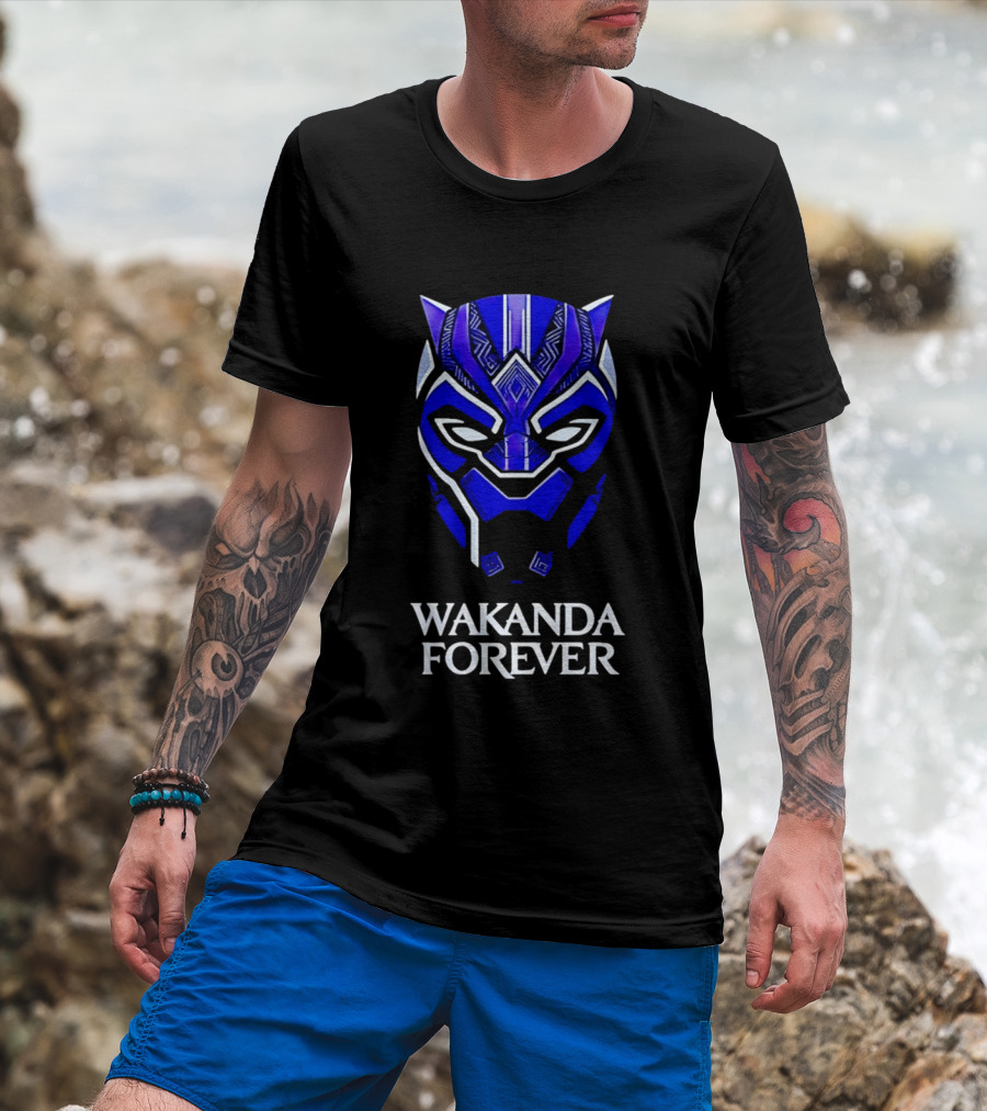 Wakanda Forever Blue Black Panther Mask Marvel T-Shirt