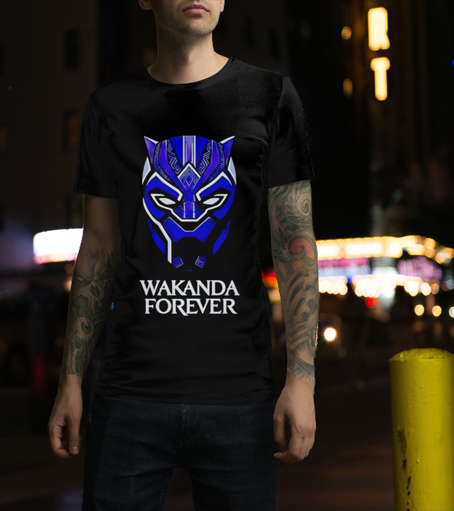 Wakanda Forever Blue Black Panther Mask Marvel T-Shirt