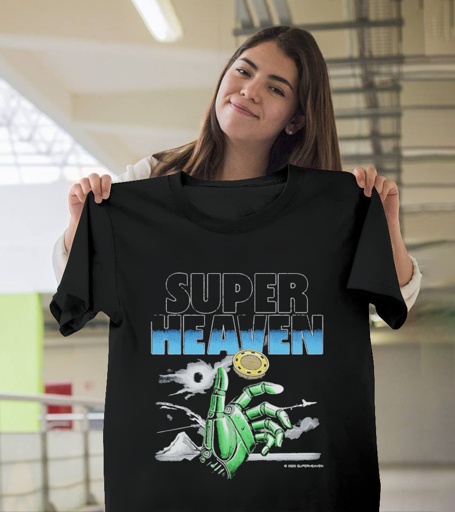 Superheaven Robotic Hand Space Adventure Coin And Mountain Scene T-Shirt
