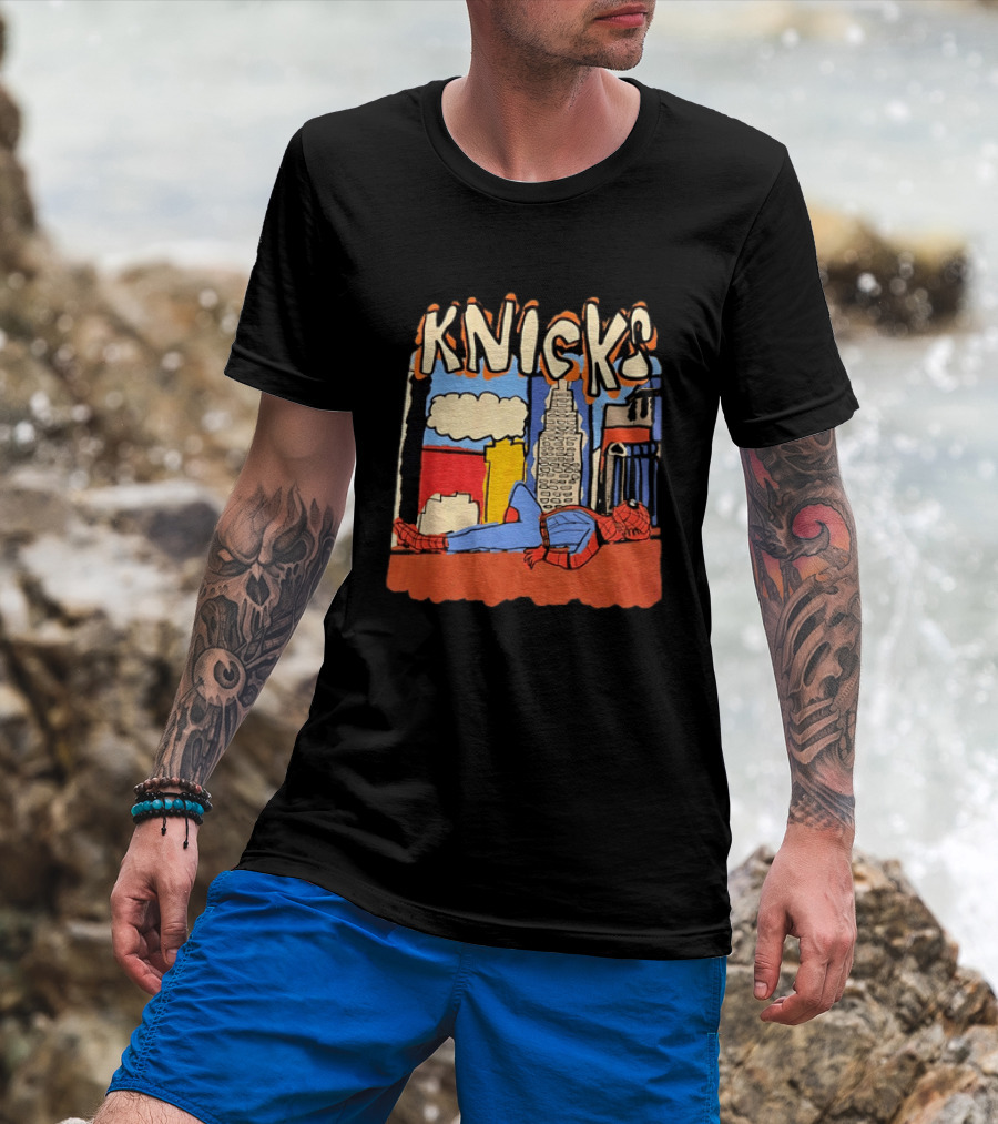 New York Knicks Spiderman Marvel NBA Basketball Skyline T-Shirt
