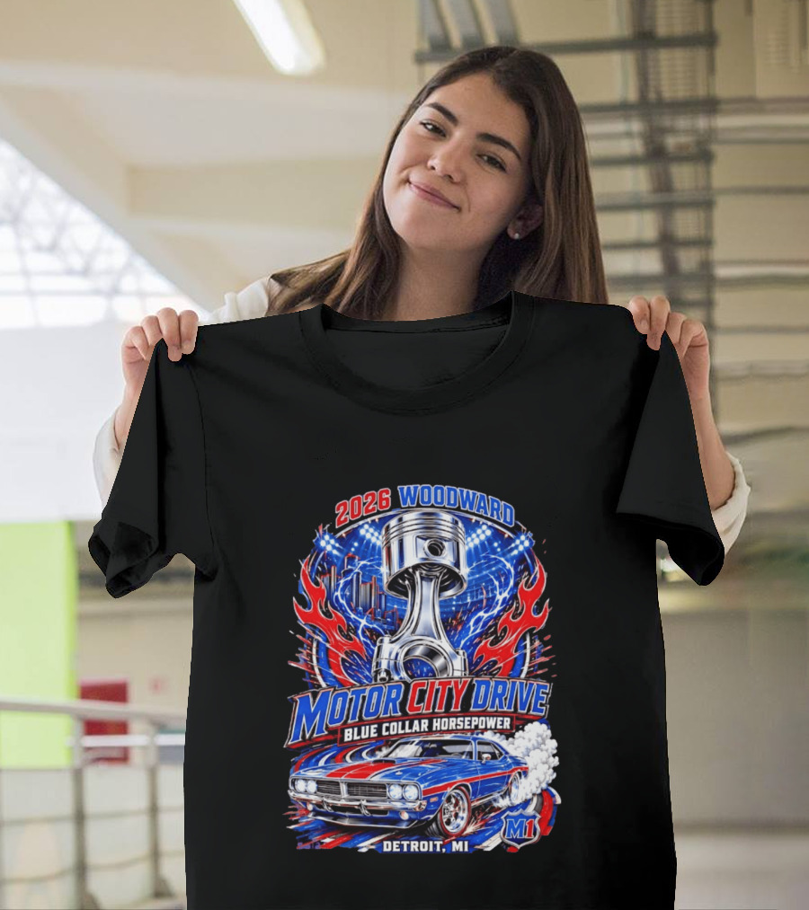 2026 Woodward Motor City Drive Blue Collar Horsepower Detroit MI M1 T-Shirt