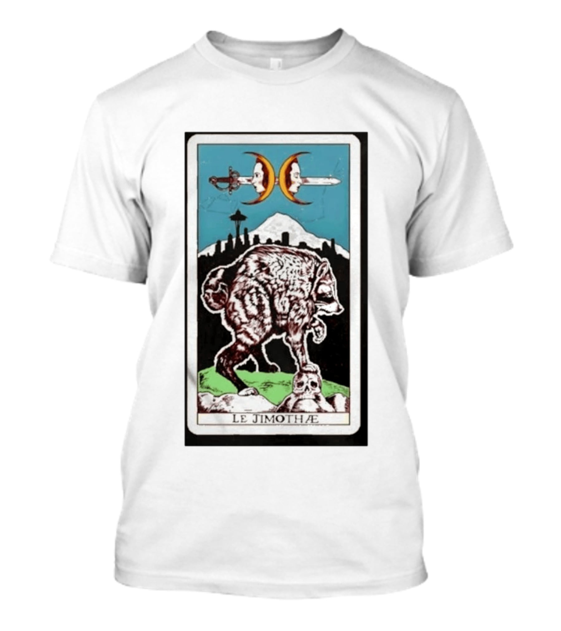 Le Jimothae Raccoon Tarot Seattle Skyline Moon Swords T-Shirt