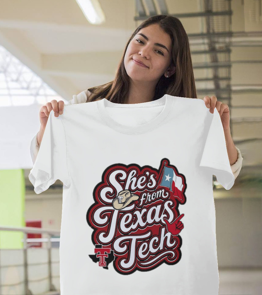 She's From Texas Tech Red Raiders Cowboy Hat Flag T-Shirt