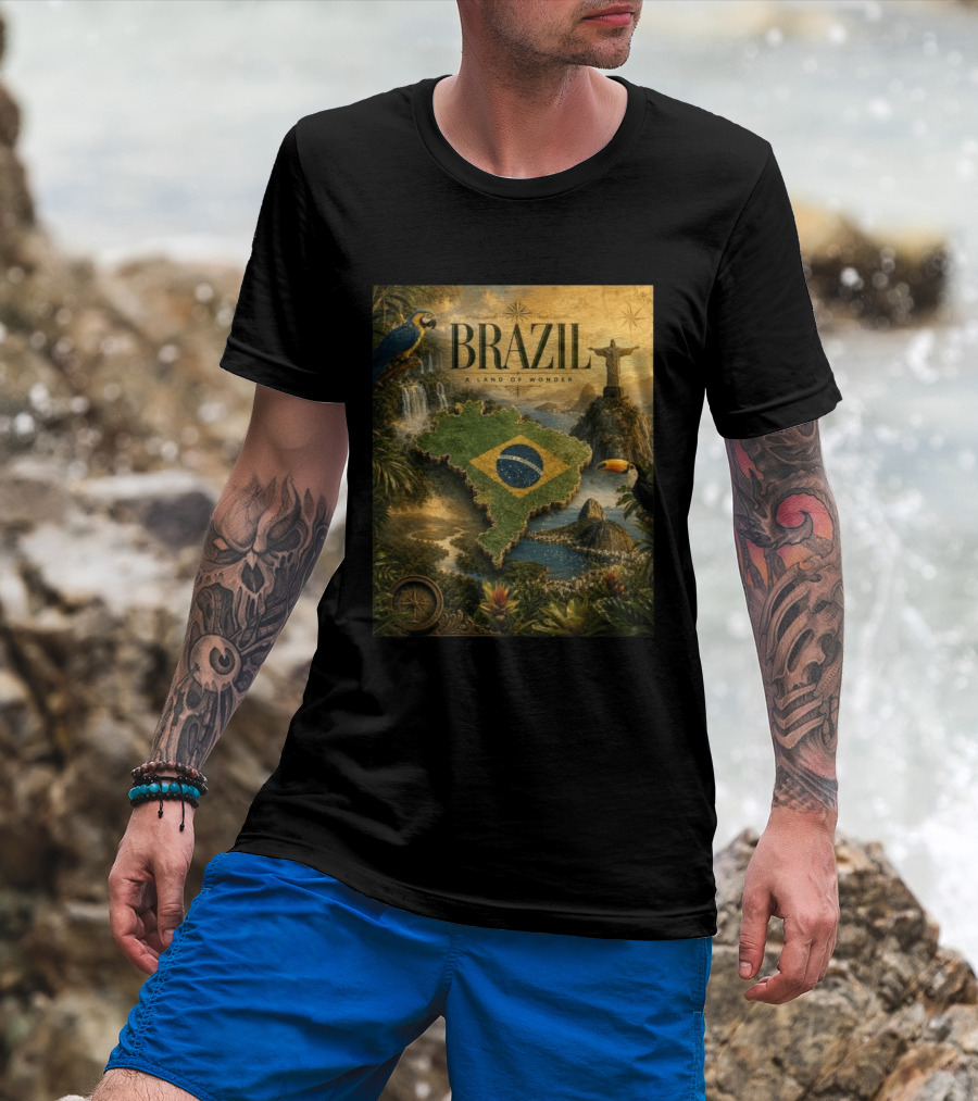 Brazil A Land Of Wonder Ordem E Progresso Christ The Redeemer Amazon Rainforest Toucan Macaw Waterfalls T-Shirt