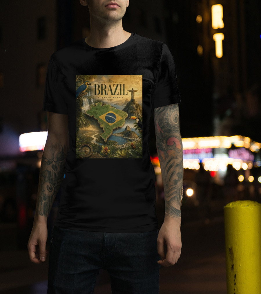 Brazil A Land Of Wonder Ordem E Progresso Christ The Redeemer Amazon Rainforest Toucan Macaw Waterfalls T-Shirt