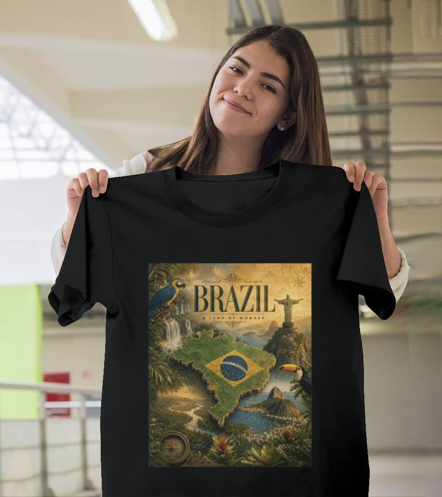Brazil A Land Of Wonder Ordem E Progresso Christ The Redeemer Amazon Rainforest Toucan Macaw Waterfalls T-Shirt
