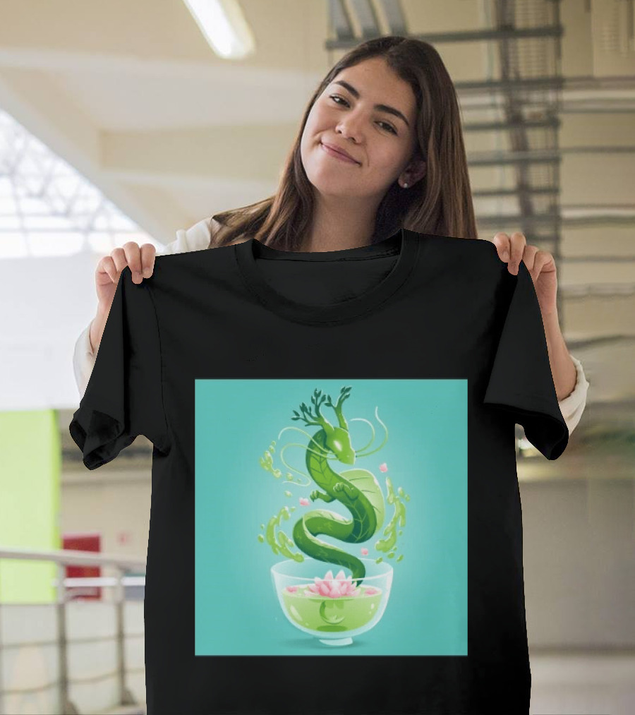 Green Tea Dragon In Teacup With Blossoms And Leaves T-Shirt
