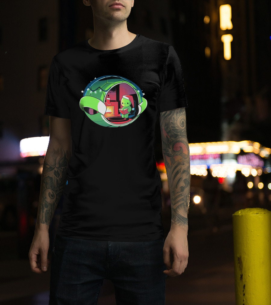 Christmas Turtle Cozy Holiday Scene With Santa Hat And Fireplace T-Shirt
